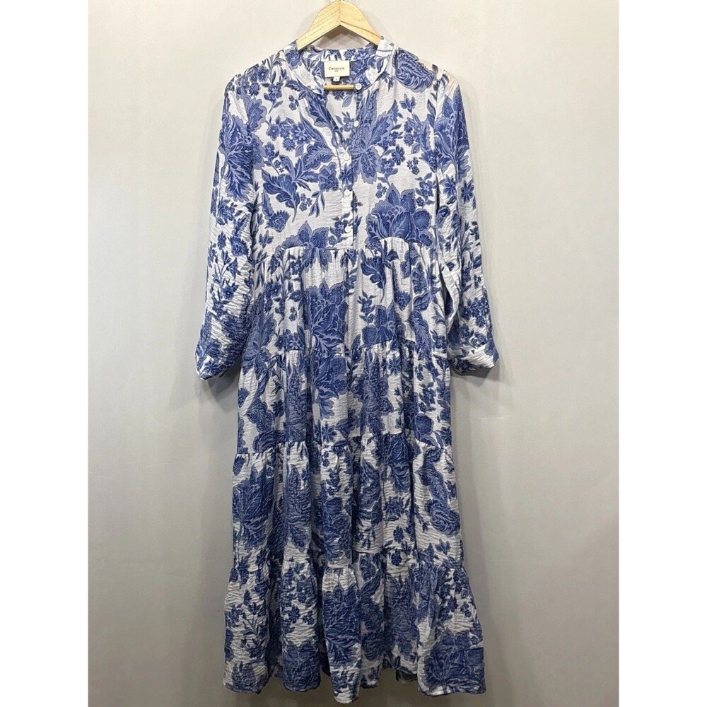 Choklate Paris  Blue Floral Tiered Maxi Dress Small Silk Blend Cottagecore